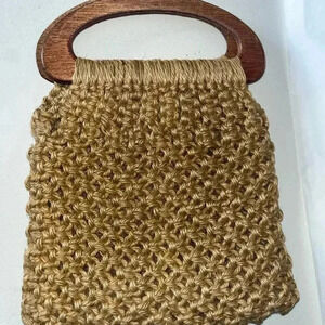 Vintage Unbranded Brown Tan Woven Wood Boho Bag Purse Size 12”L x 9.5” W